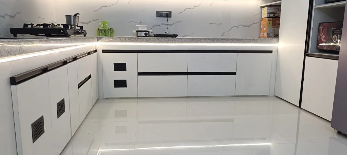 Wide view of the completed fitted kitchen after renovation